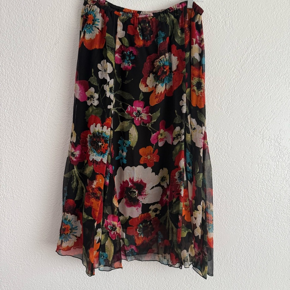Chicos Silk Midi Skirt Size Large 2 Multicolor Floral Flowy Skirt Lightweight - Picture 2 of 6